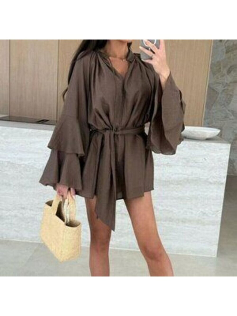 Coffee Boho Women's V-Neck Asymmetrical Tie-Up Long Sleeve Loose Mini Dress - Picture 4 of 5